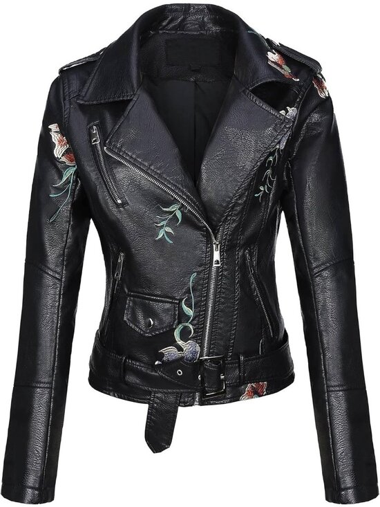 Jackets & Blazers - Women's Black Faux Leather Jacket Slim Fit Spring Fall Pockets Floral Moto Coat